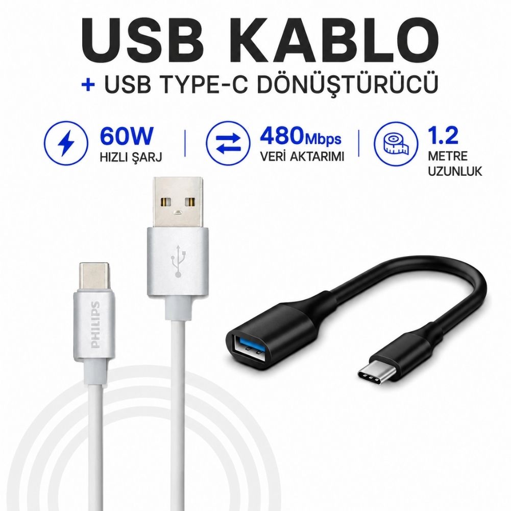 Philips 3A 60W UsbA to Type-C 1.2M Hızlı Şarj ve Data Kablosu Beyaz + ScHitec Type-C to UsbA 3.0 OTG Dönüştürücü Adaptör