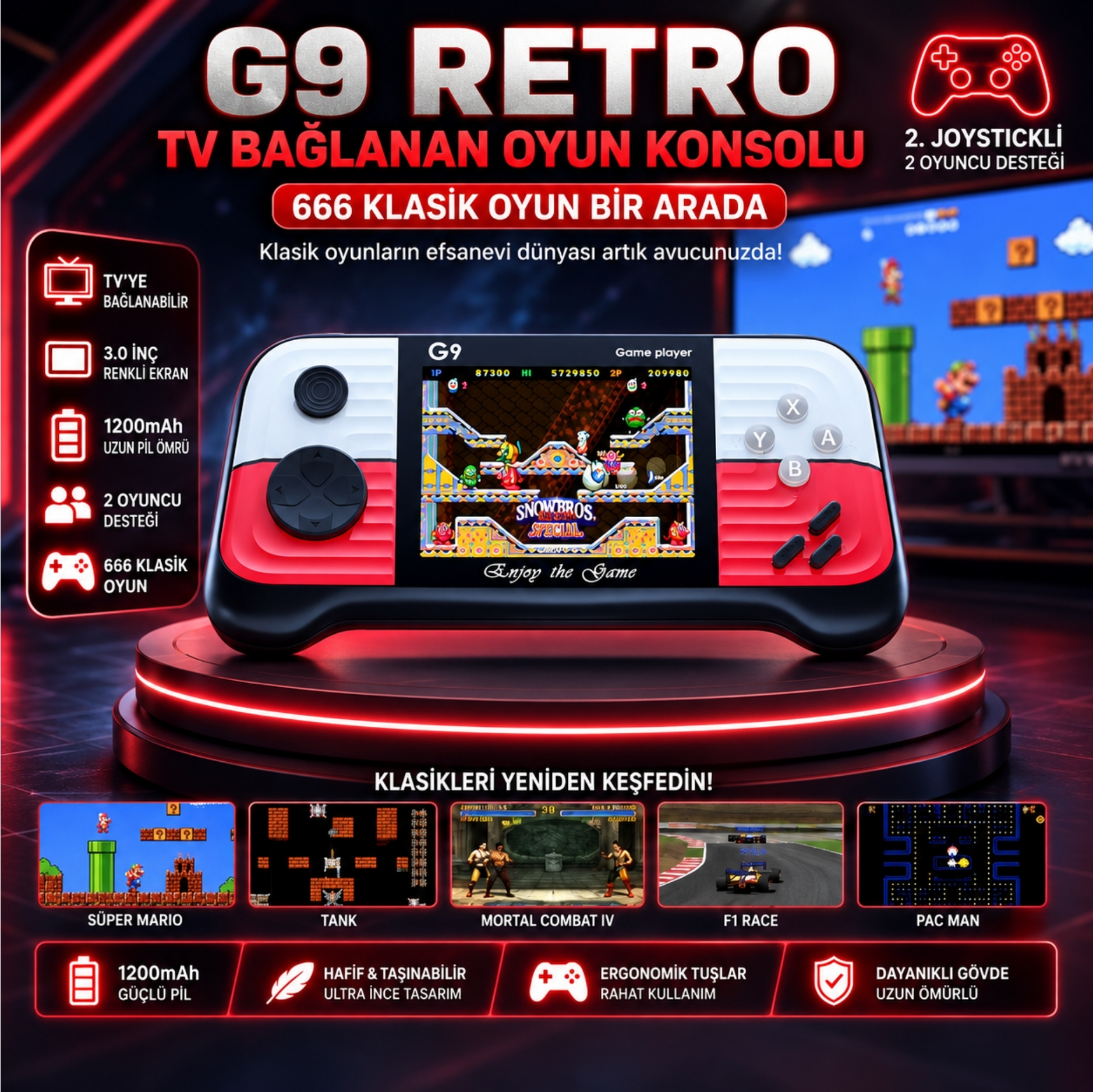 ScHitec G9 Retro 3.0 inç Tv Bağlanan 2.Joystickli Oyun Konsolu Kırmızı (666 Klasik Oyunlar)